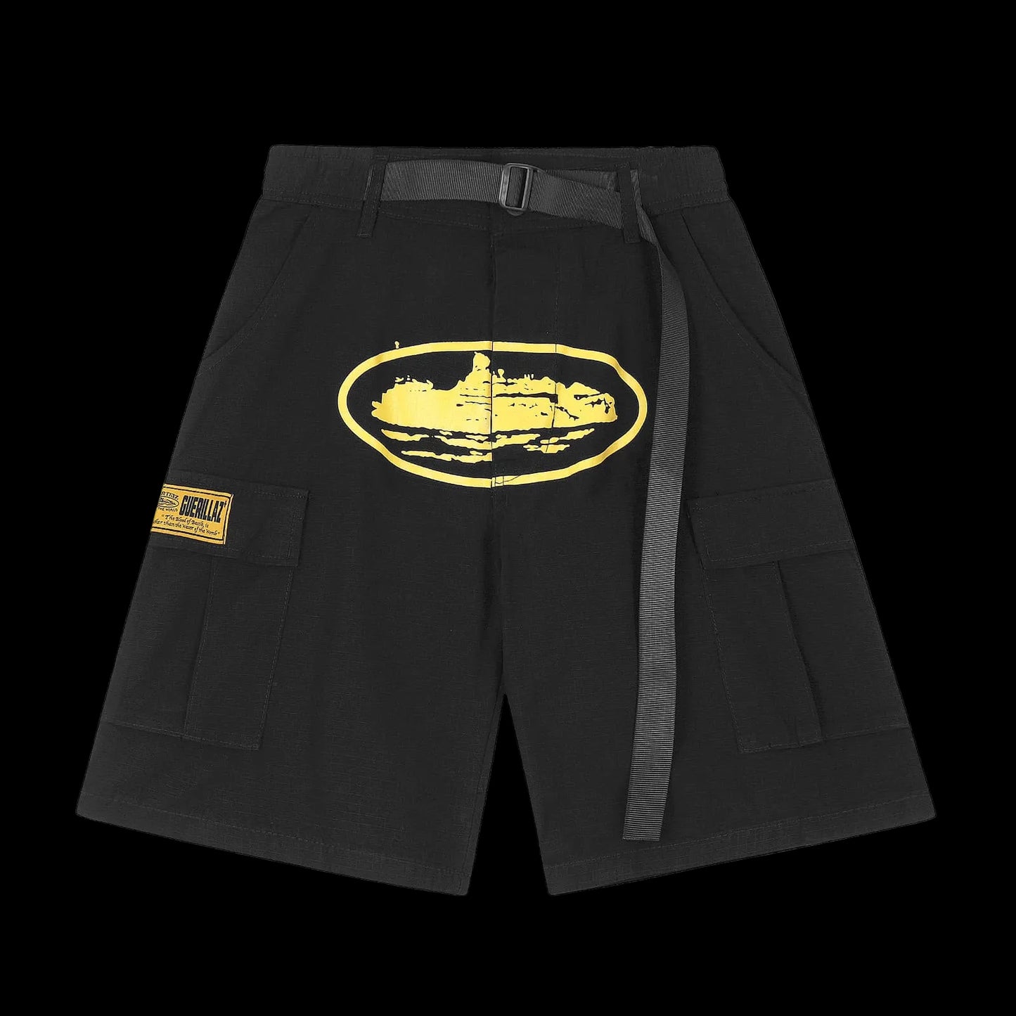 Corteiz Guerillaz Belted Cargo Shorts (Black with Yellow Graphic)