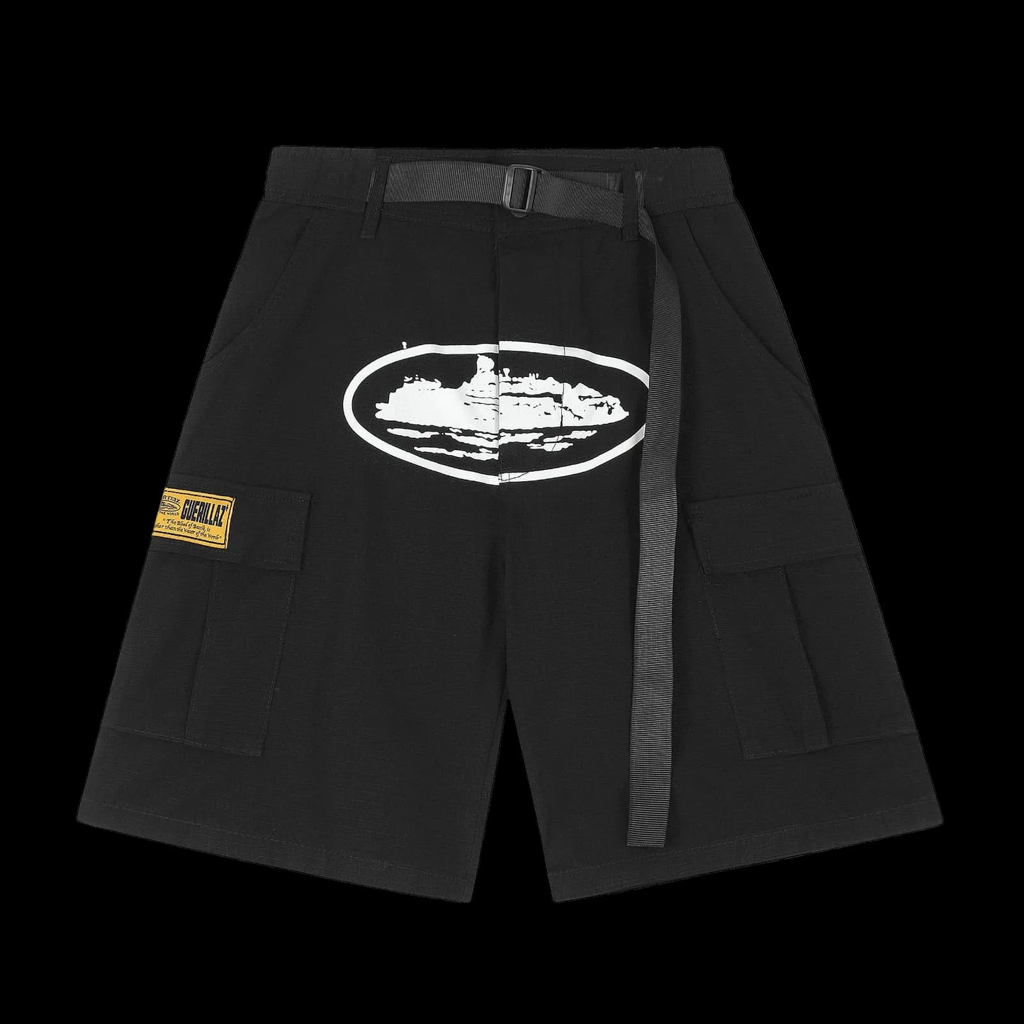 Corteiz Guerillaz Belted Cargo Shorts (Black with White Graphic)