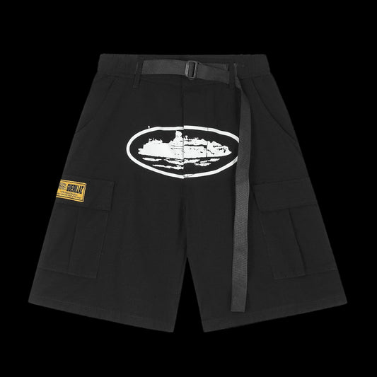 Corteiz Guerillaz Belted Cargo Shorts (Black with White Graphic)